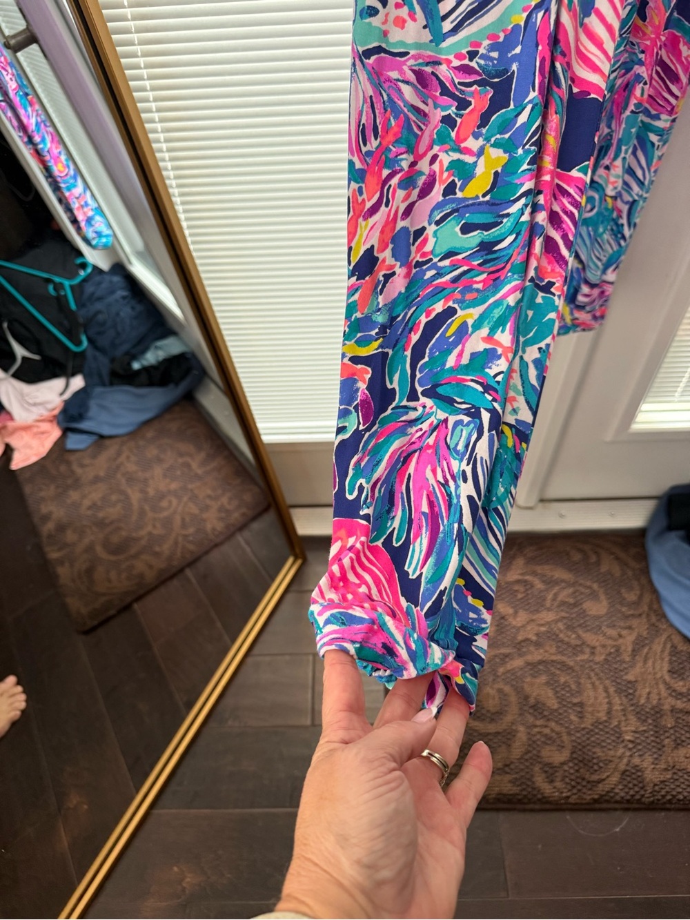Lilly Pulitzer Off-Shoulder Tropical Leaf Print Jumpsuit in Pink & Teal - Picture 2 of 5